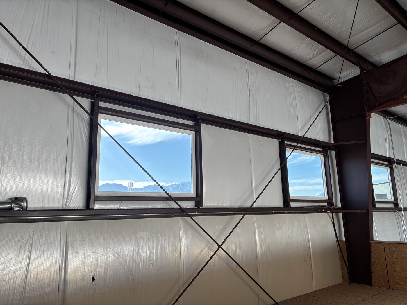 Steel building interior with mountain views